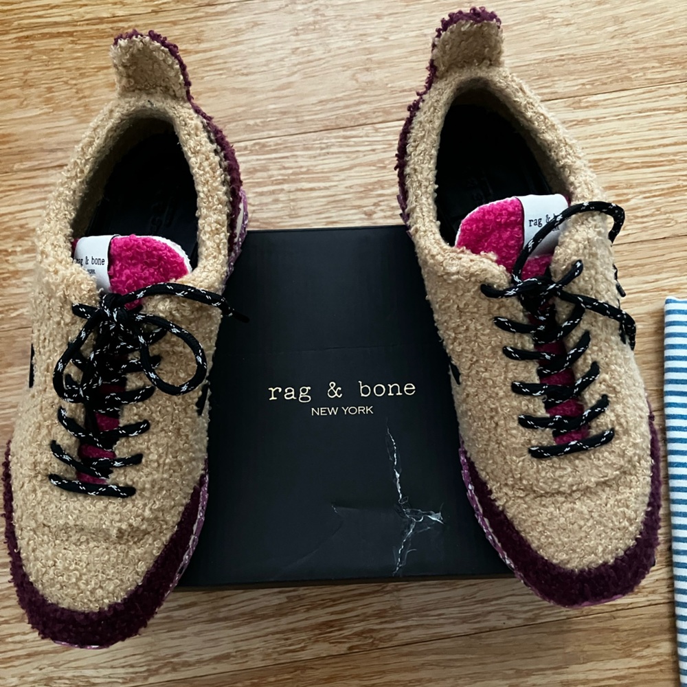rag & bone Teddy Shearling Sneakers in Tan and Plum with Pink Tongue